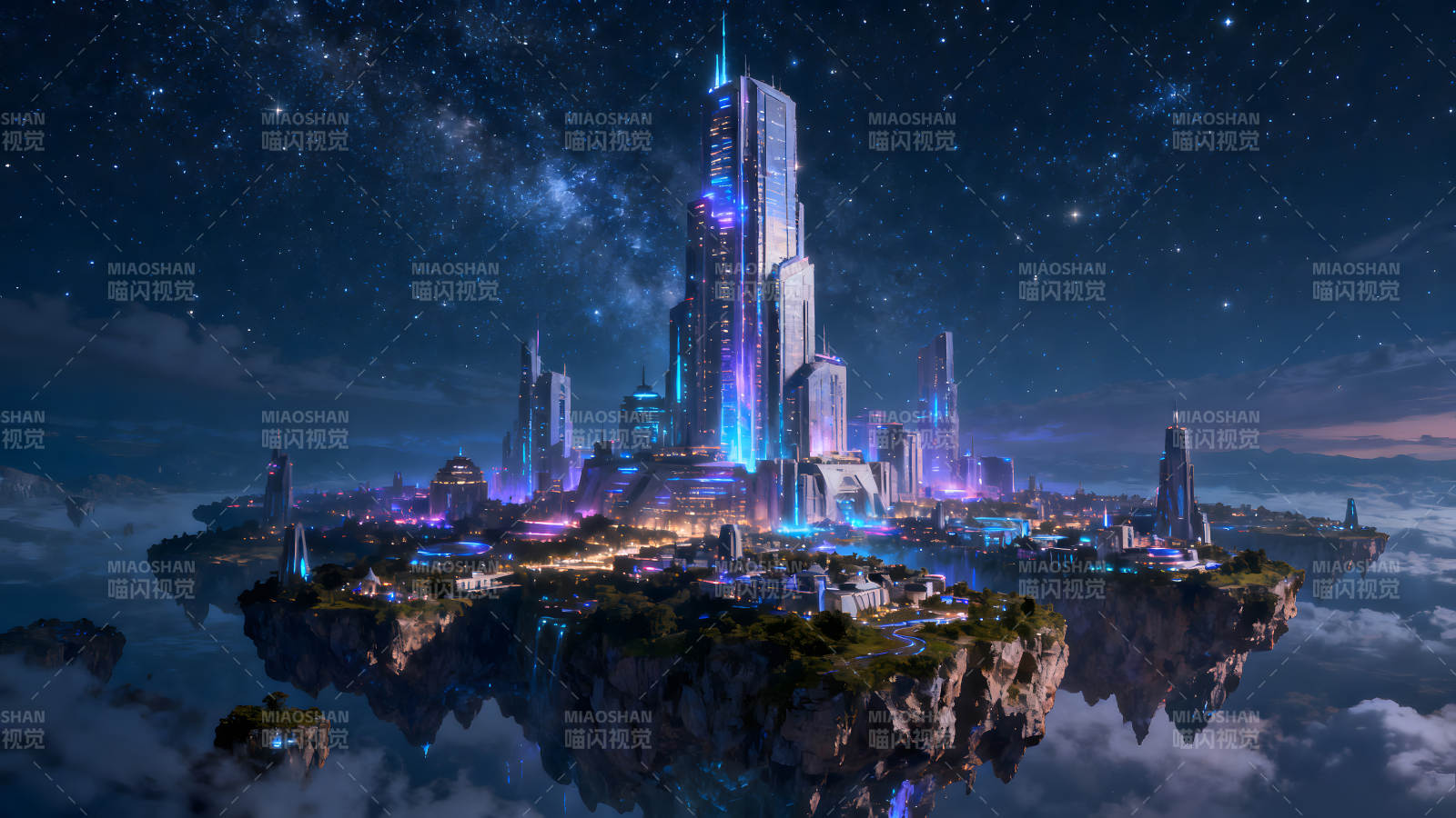 科幻未来城市夜景悬浮岛屿星空图片