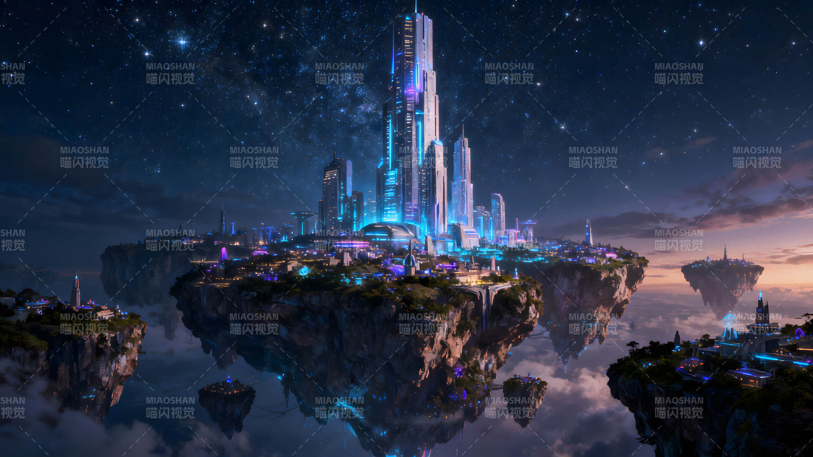 未来城市浮岛夜景星空图片