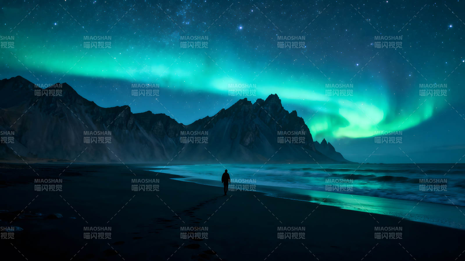 极光下的海岸线上的行人图片