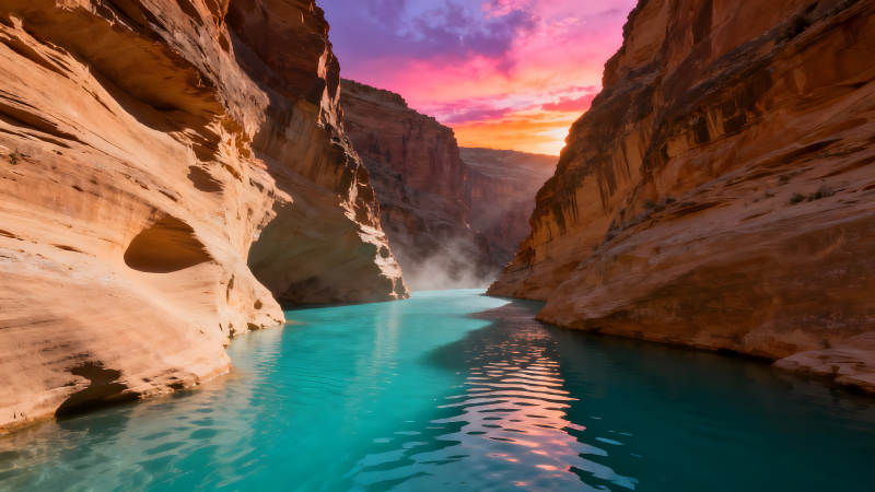 峡谷日落蓝水色彩绚丽图片