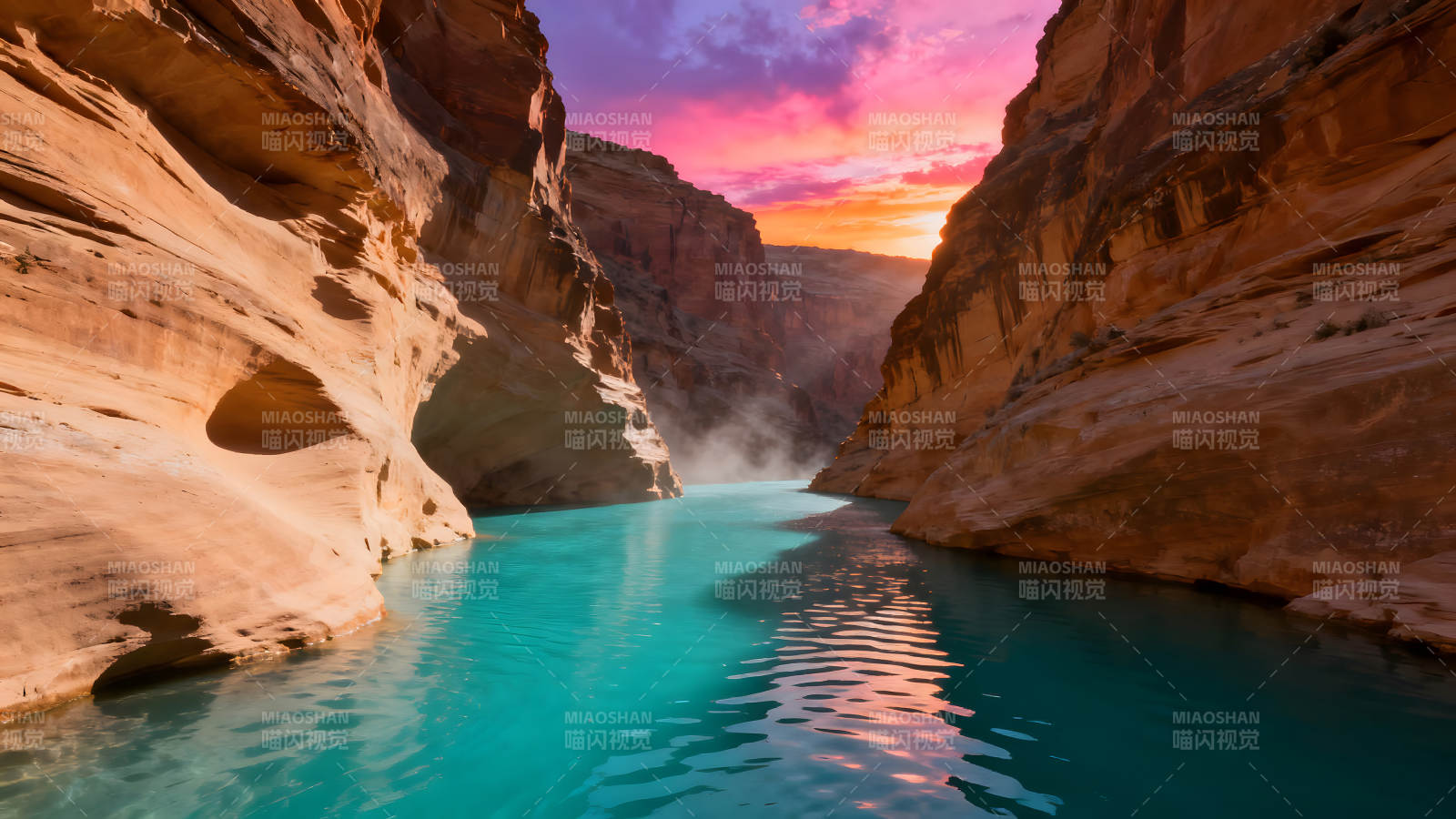 峡谷日落蓝水色彩绚丽图片