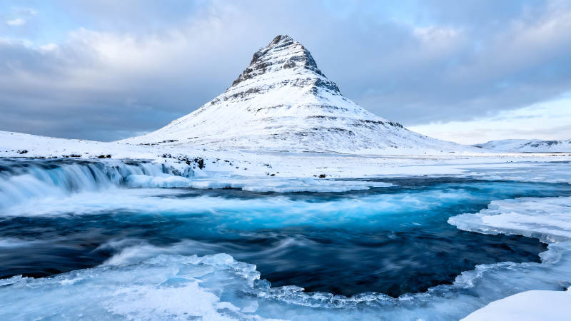 雪山与河流交织的冬日景象图片
