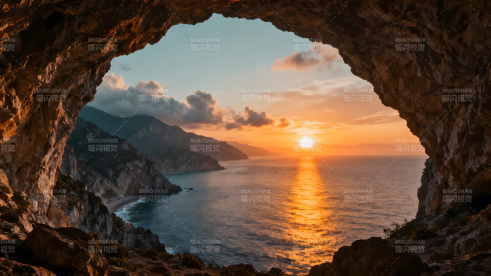 洞穴观海日落美景图片