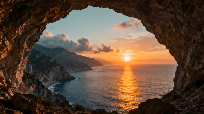 洞穴观海日落美景图片