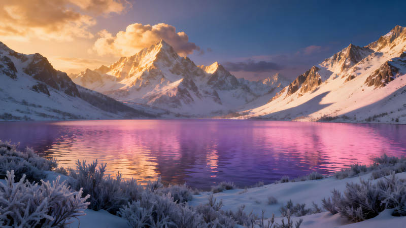 雪山湖泊夕阳下的唯美景色图片