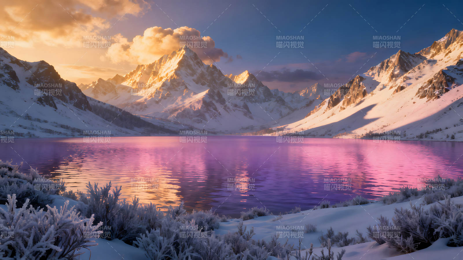 雪山湖泊夕阳下的唯美景色图片