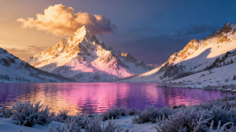 雪山湖泊日落美景图片