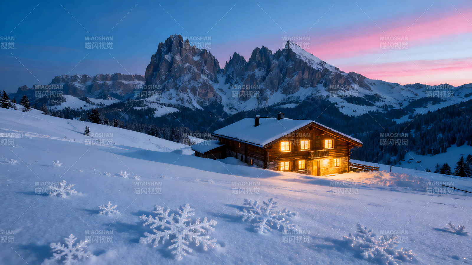 雪山小屋夜景温馨氛围图片