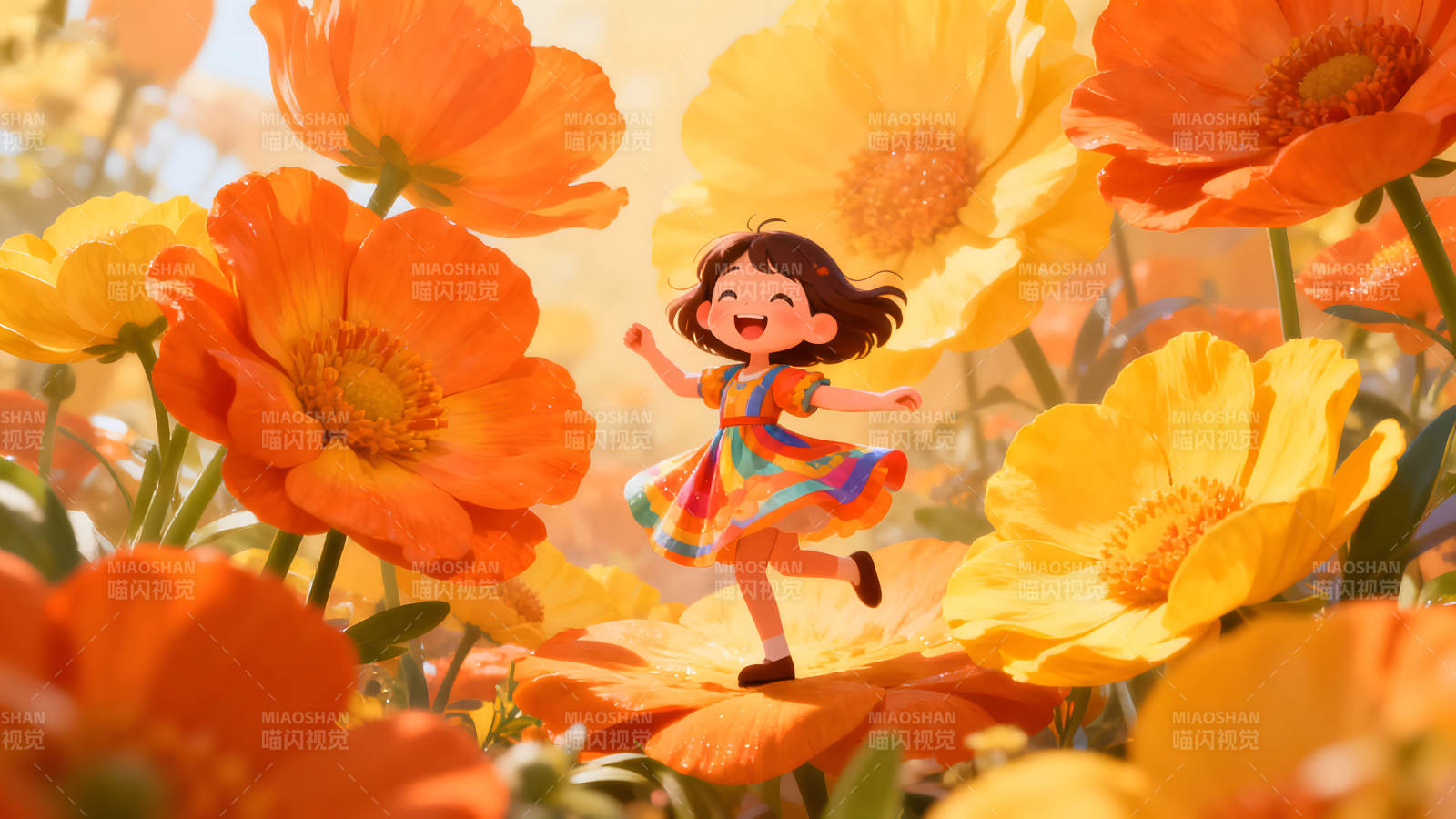 女孩在花海里快乐奔跑图片