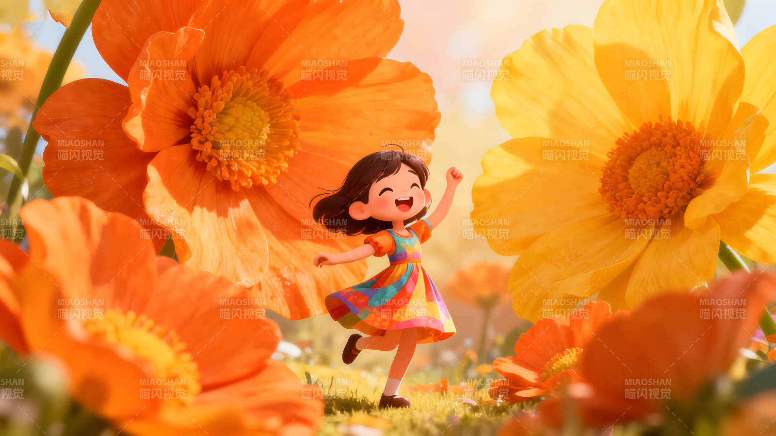 女孩在花海中欢快奔跑图片