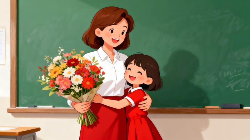 教师节快乐师生拥抱送花图片
