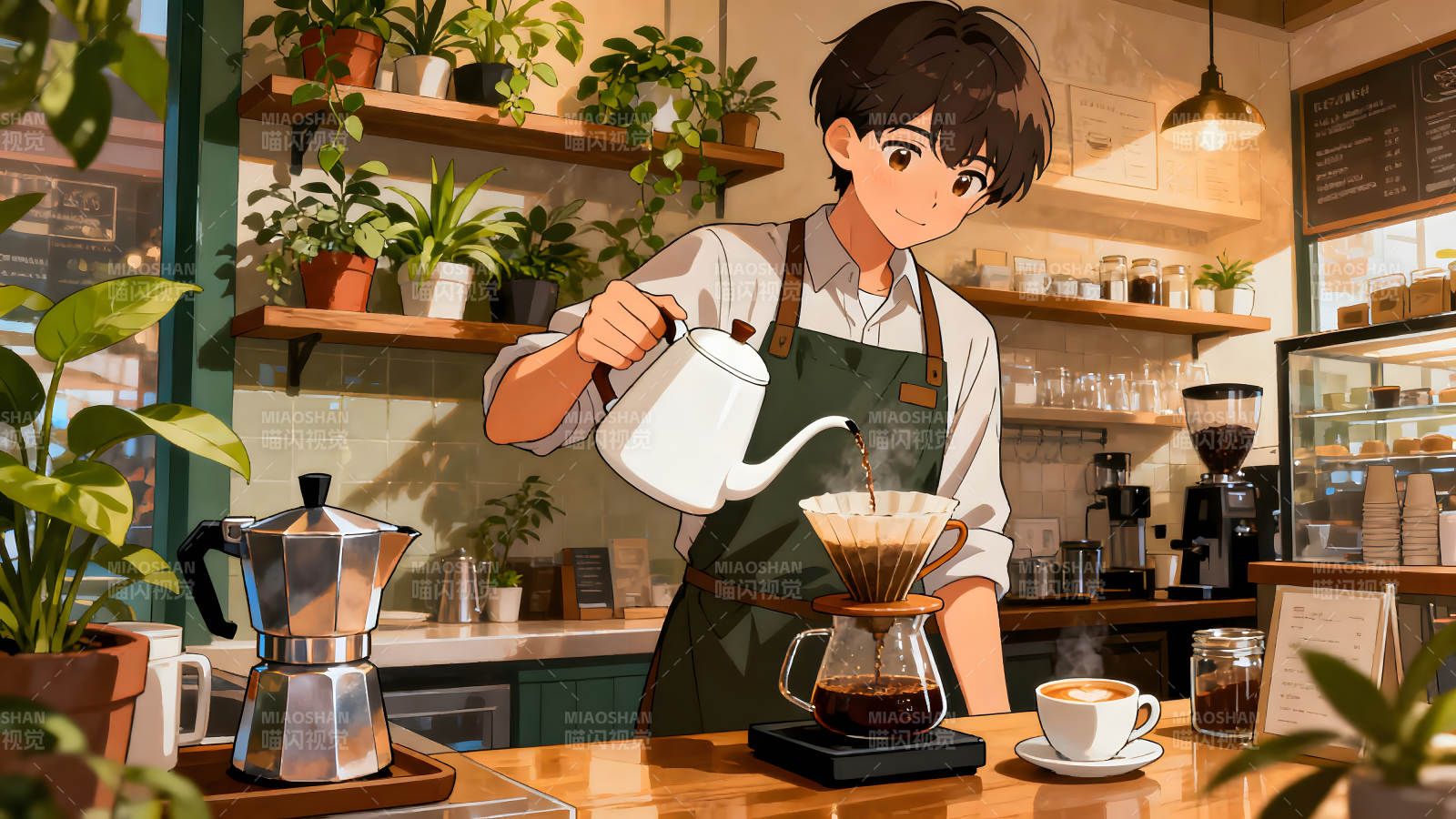 咖啡店员制作咖啡动漫风格图片