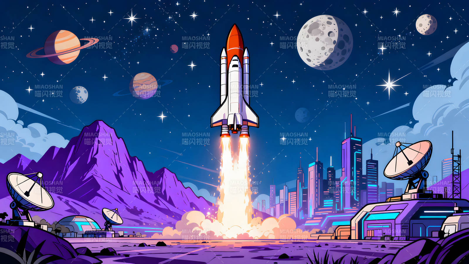 火箭升空夜空星河未来城市图片