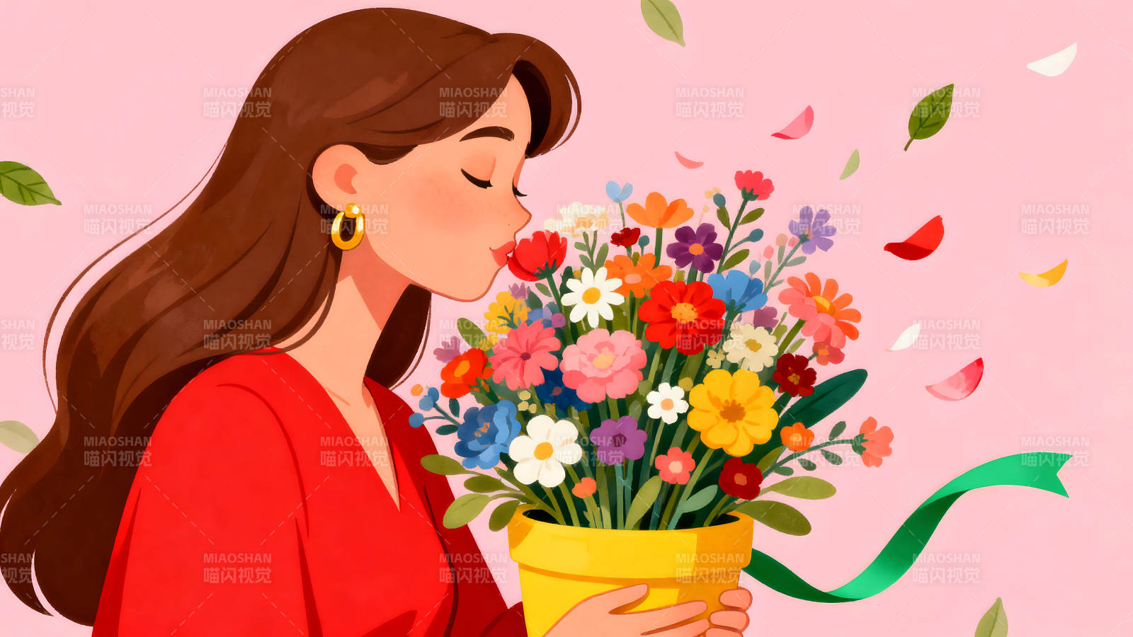 女子闻花香手捧鲜花粉色背景图片