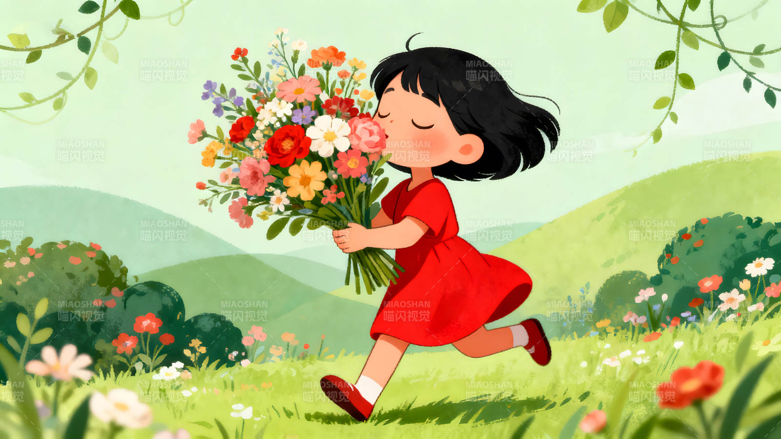 女孩拥抱鲜花奔跑图片