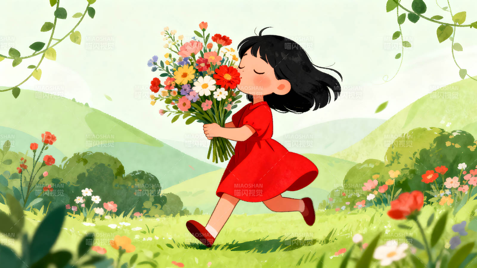 女孩拥抱鲜花奔跑在草地上图片