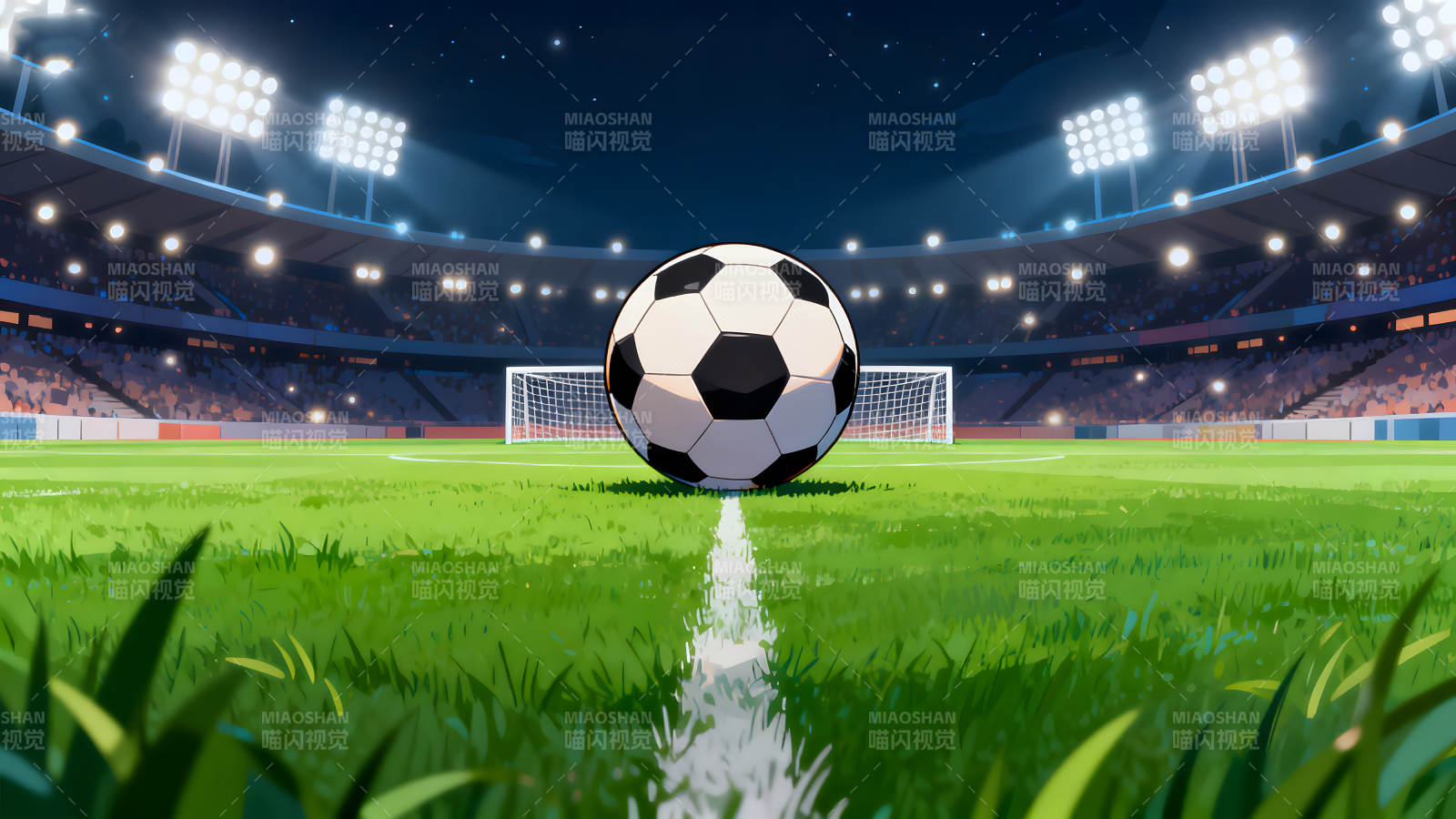 足球场夜晚比赛灯光照亮球场景象图片