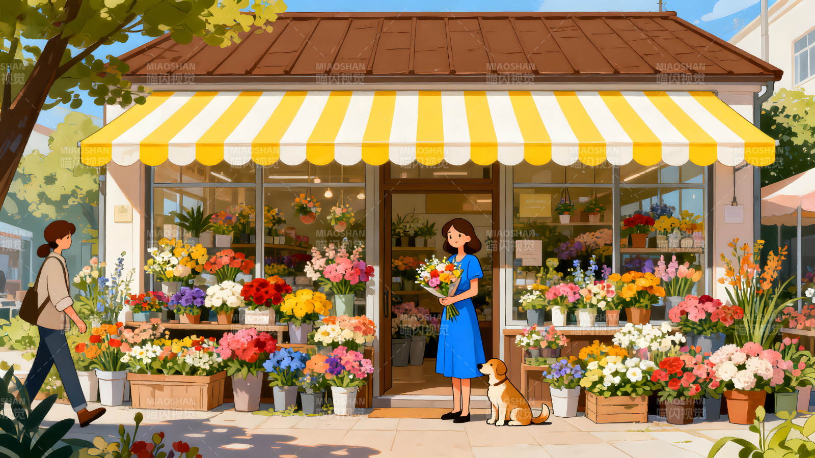 一家鲜花店门前的人和狗图片