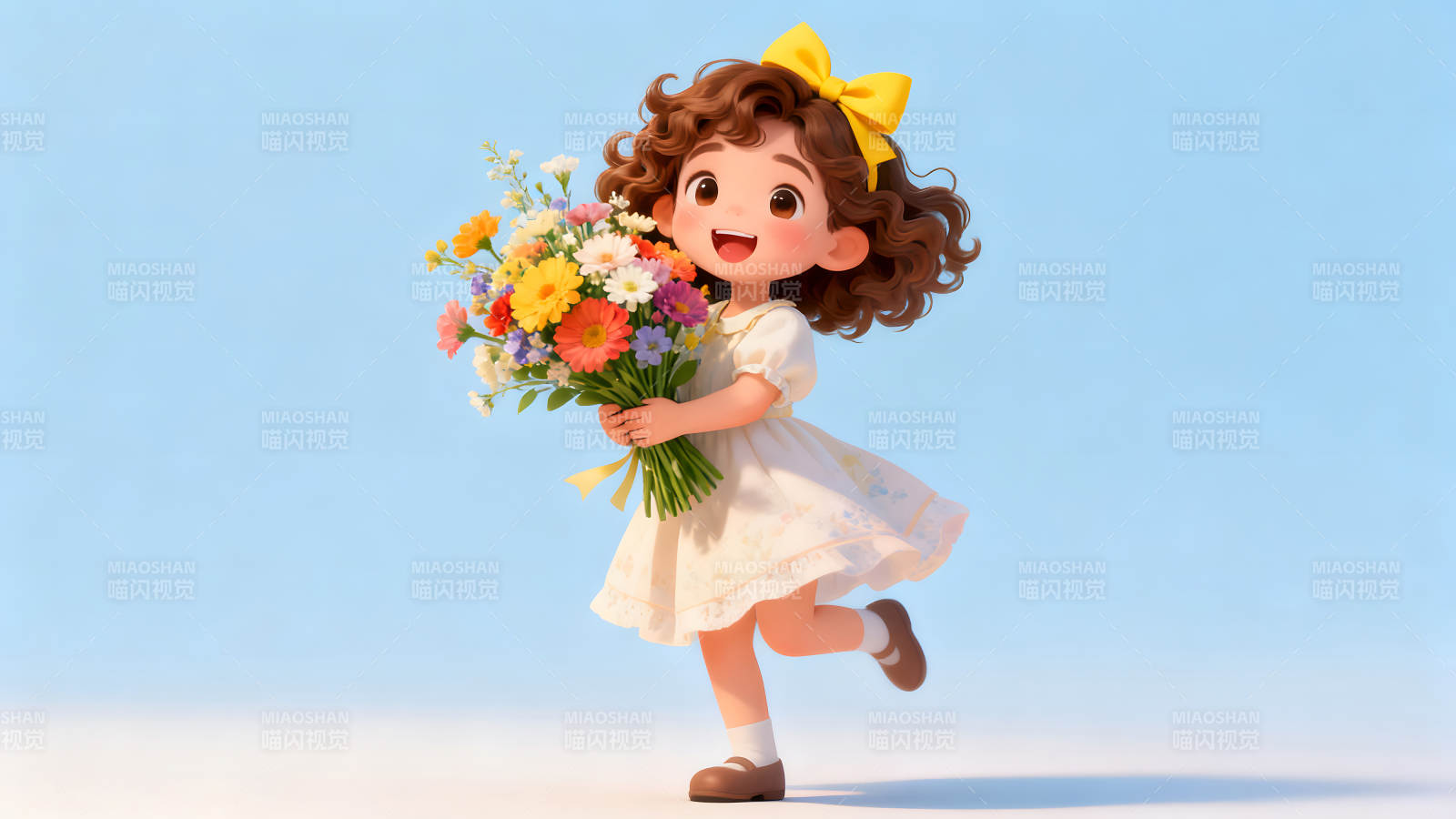 可爱女孩手捧鲜花在蓝天背景下开心奔跑图片