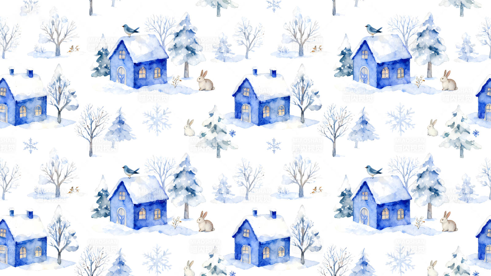 冬季雪景蓝色小屋兔子鸟儿图片
