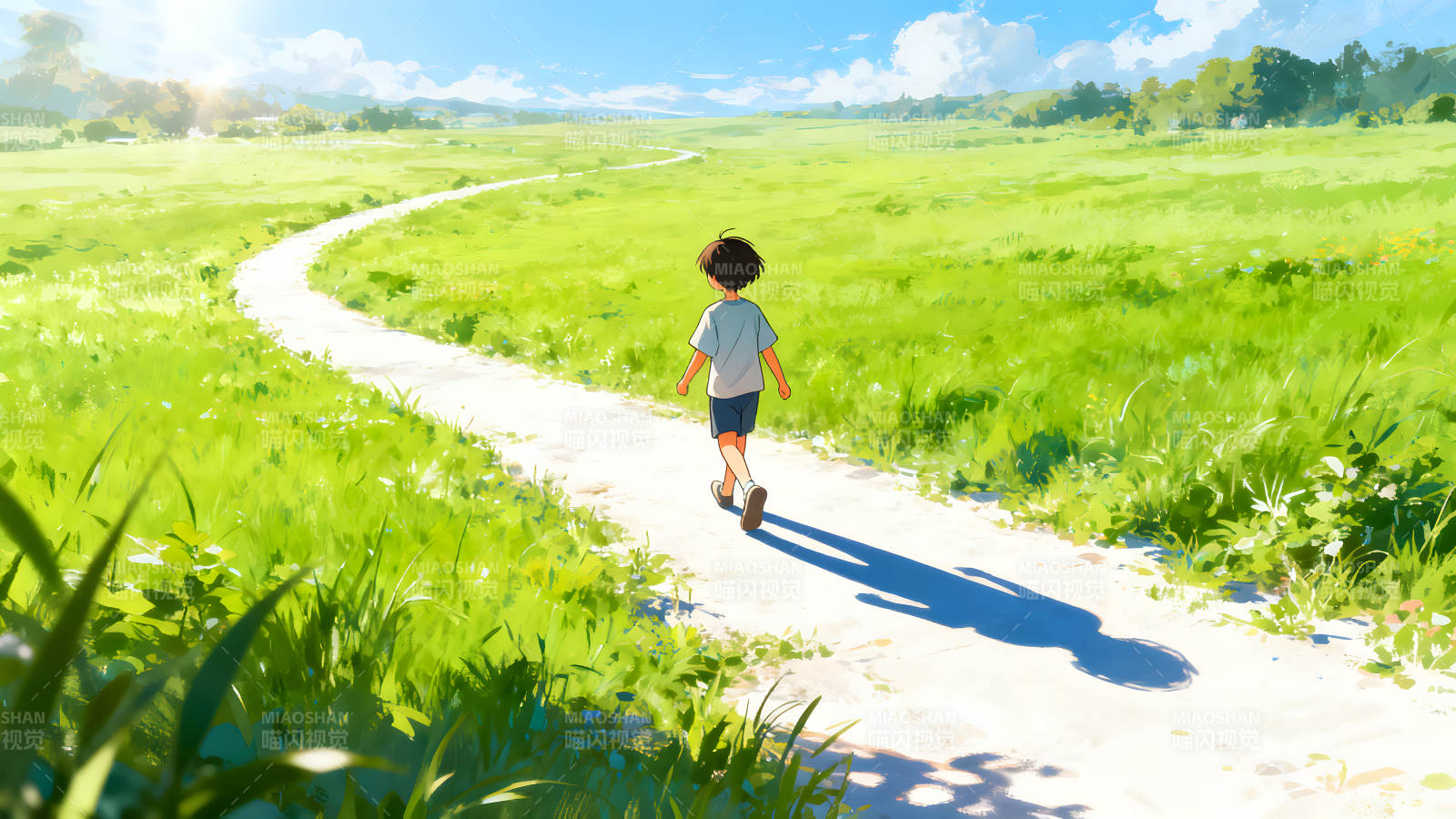 男孩漫步田野小路阳光明媚图片