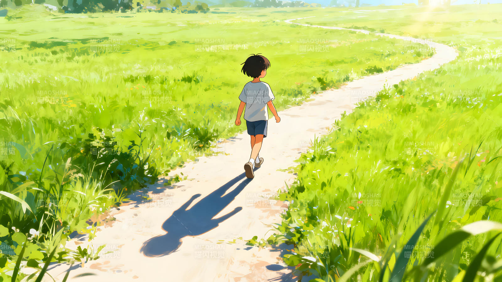男孩在田野里的小路上行走图片