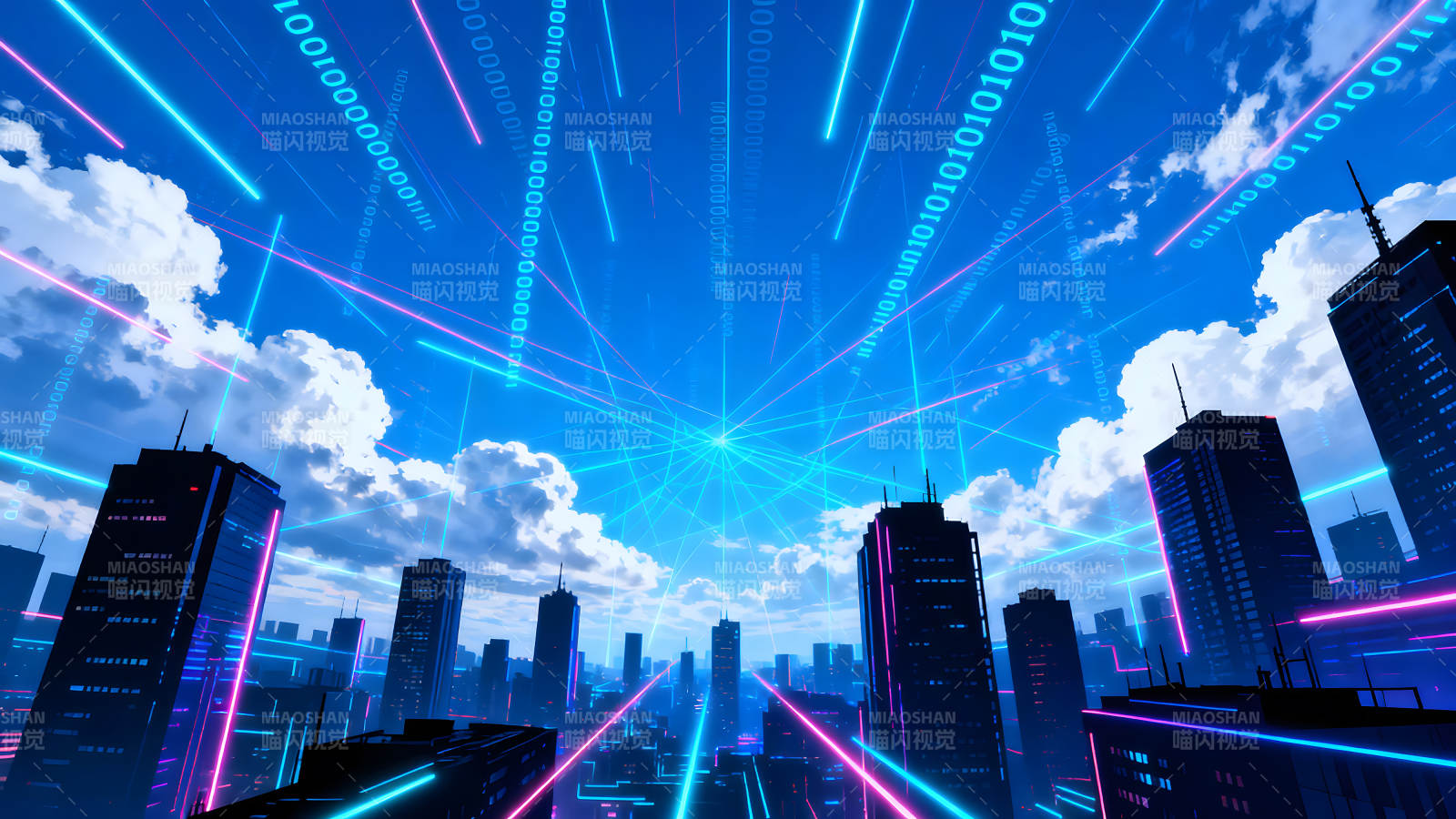 赛博朋克城市天空中的数据流图片