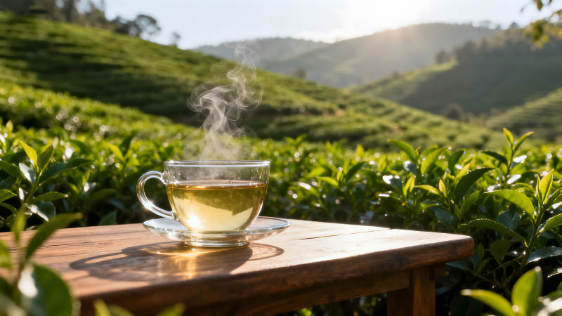 茶杯置于茶园木桌茶香弥漫图片