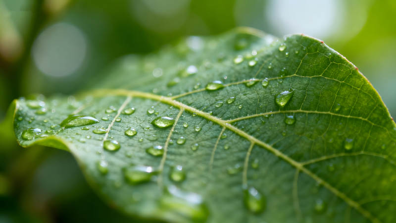 绿叶上的水滴特写展现自然之美图片