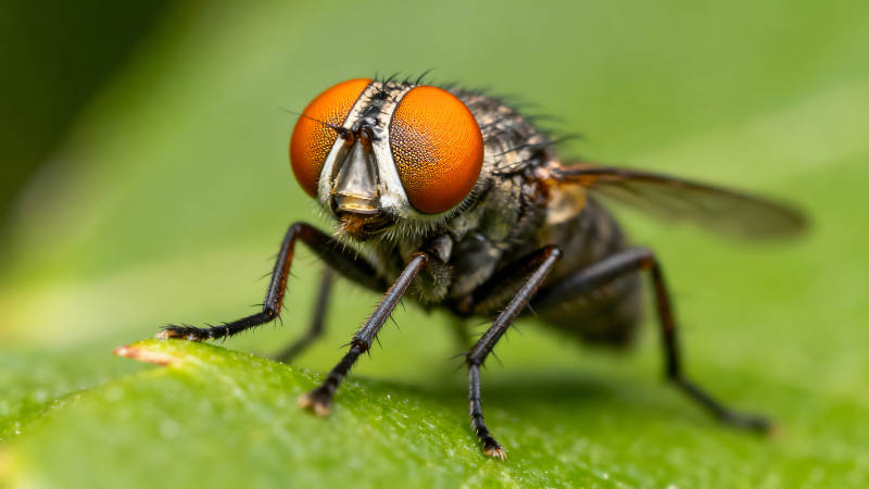 一只苍蝇在绿叶上特写镜头图片