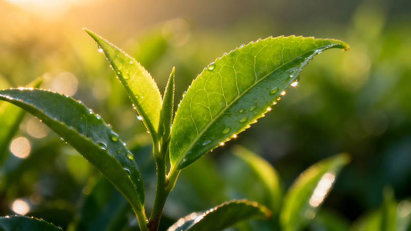 阳光照耀下的茶树嫩叶特写图片