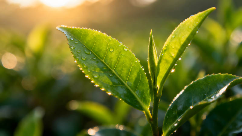阳光下的茶树嫩叶图片