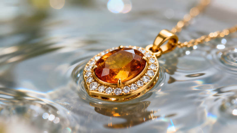 奢华宝石项链在水中闪耀图片