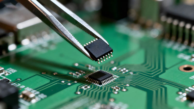 电路板上的芯片组装特写图片