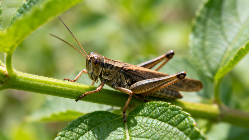 草蜢趴在绿色植物上特写图片