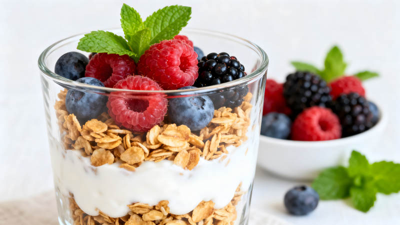 美味的浆果酸奶麦片早餐特写镜头图片