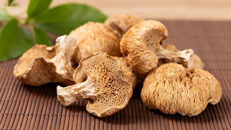 干猴头菇特写堆放在木质桌面上图片