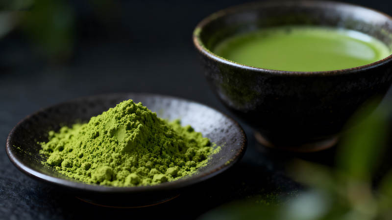 抹茶粉与抹茶饮品的特写图片