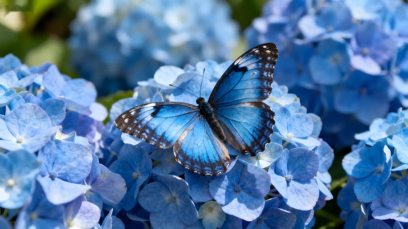 蓝蝴蝶栖息蓝绣球花上图片