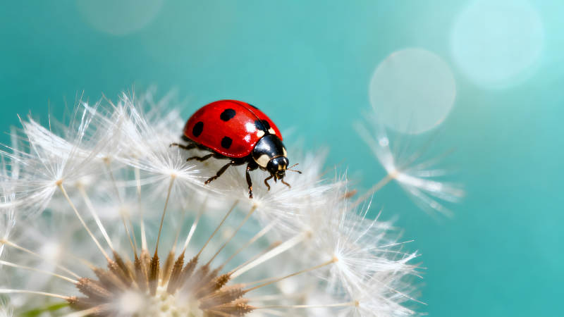 瓢虫栖息蒲公英图片