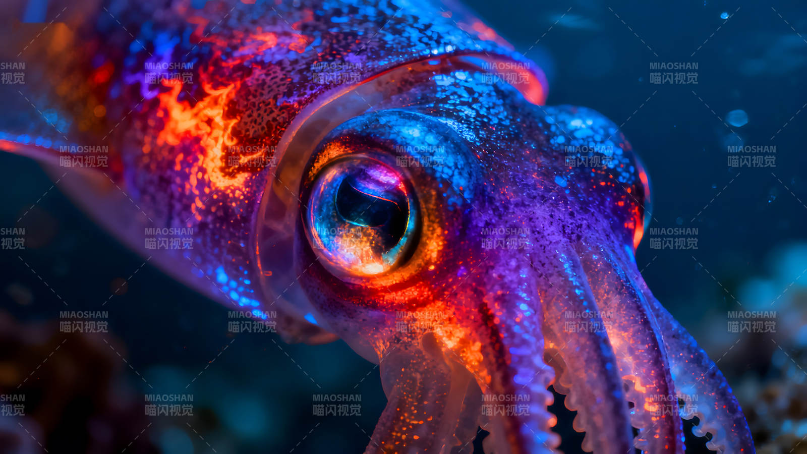 发光鱿鱼的特写镜头水下生物绚丽色彩图片