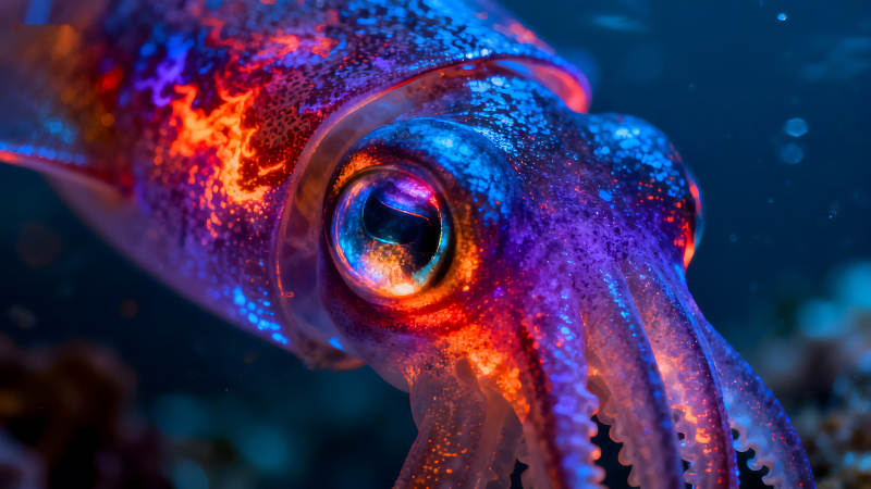 发光鱿鱼的特写镜头水下生物绚丽色彩图片