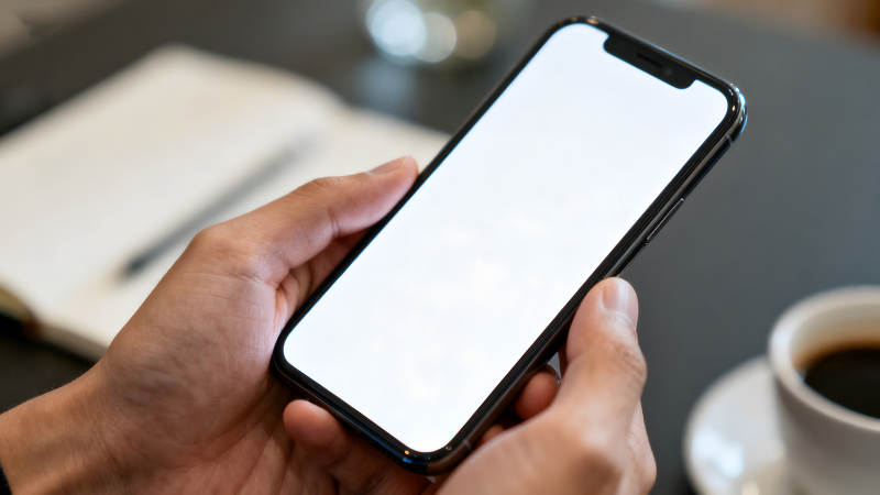 双手持手机屏幕空白的特写图片