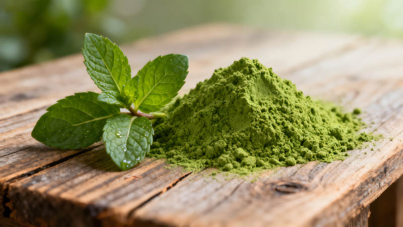 薄荷叶与抹茶粉的特写图片