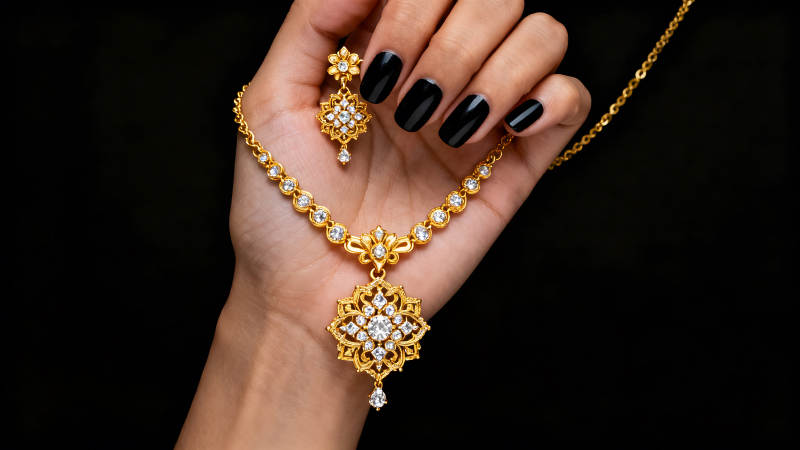 金光闪闪的钻石项链展示图片