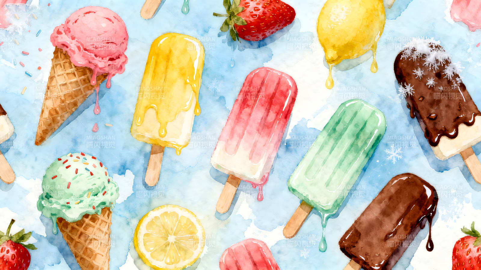 夏日冰淇淋和冰棍的可爱水彩画图片