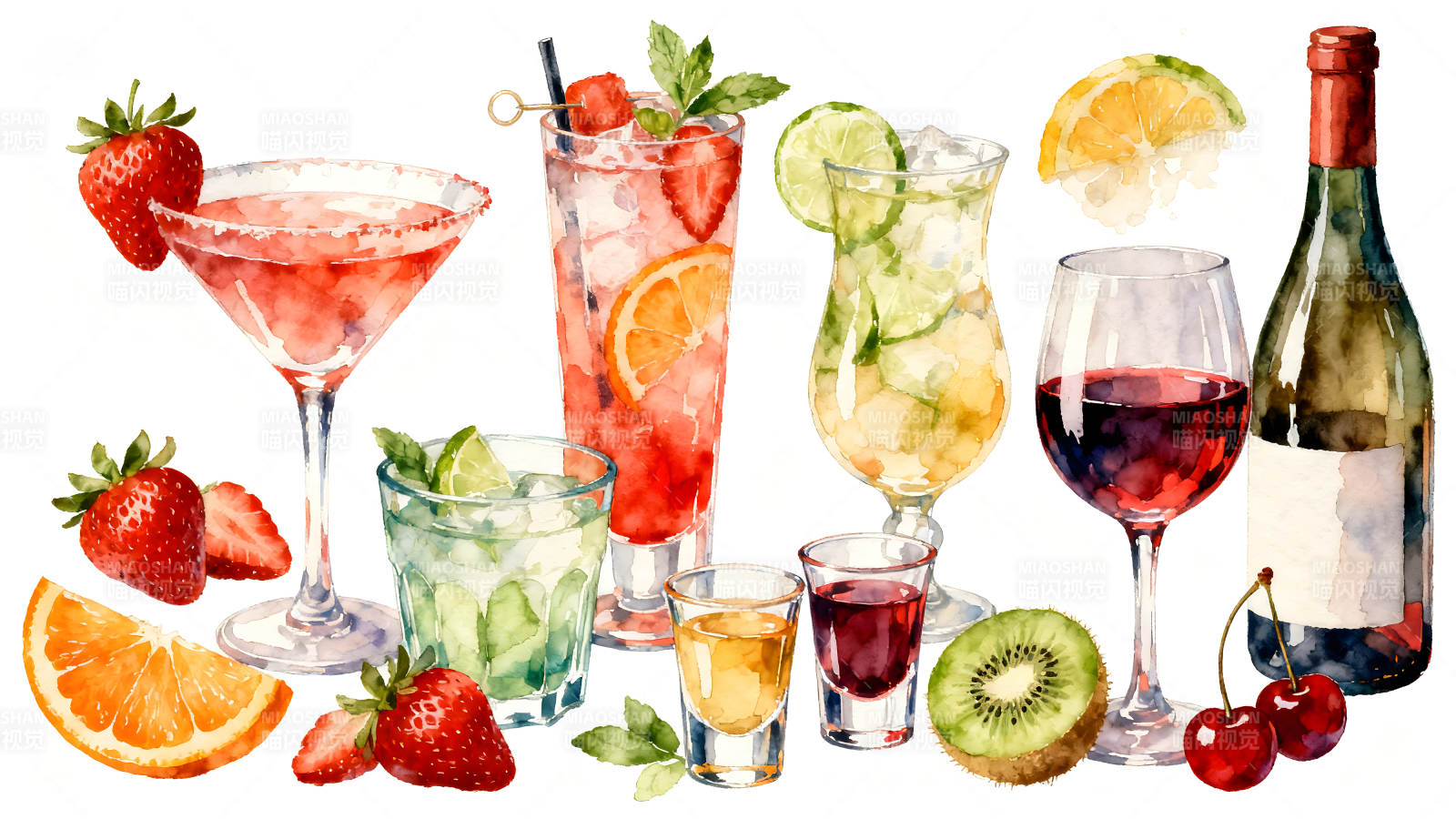 水彩饮料水果组合图片
