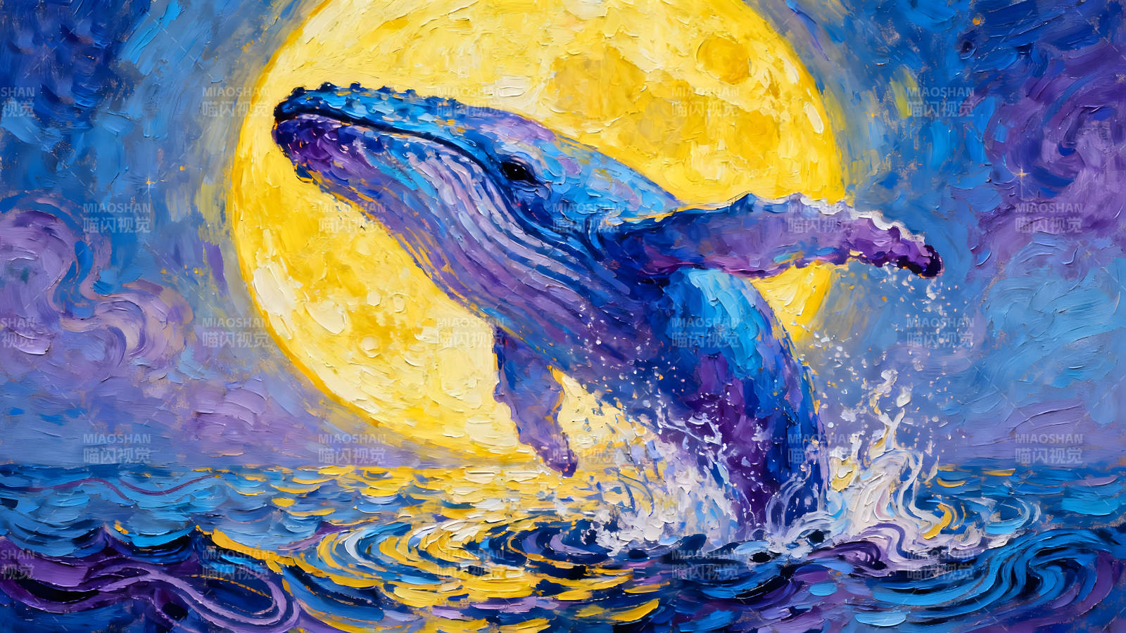 鲸鱼跃出海面明月高悬油画图片