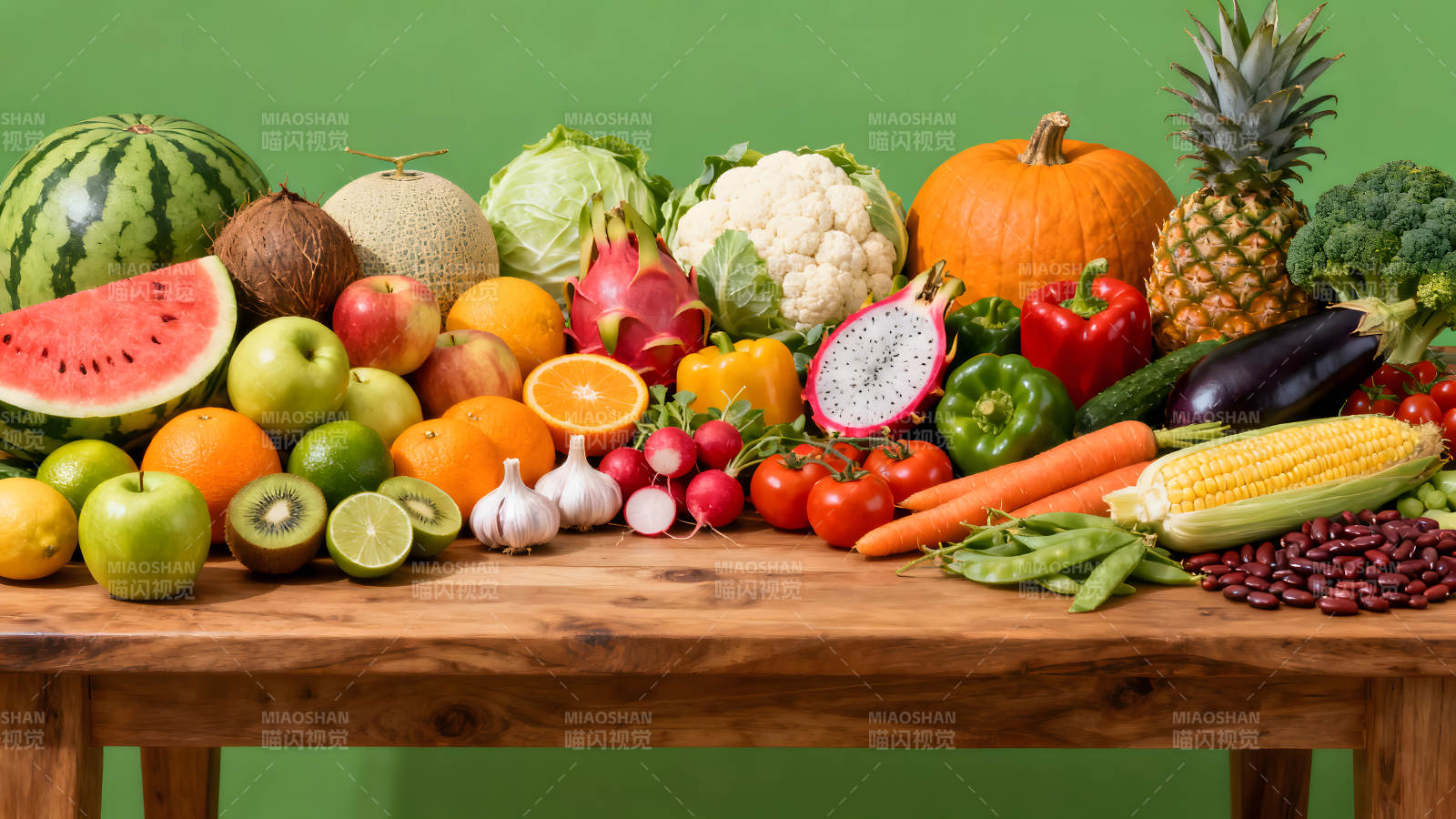 各种蔬菜水果摆放在木桌上图片
