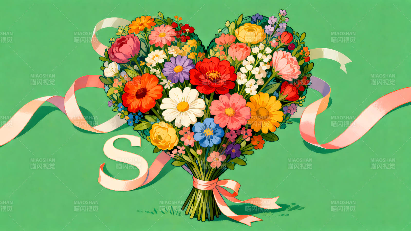 花束心形背景绿色飘带字母S图片